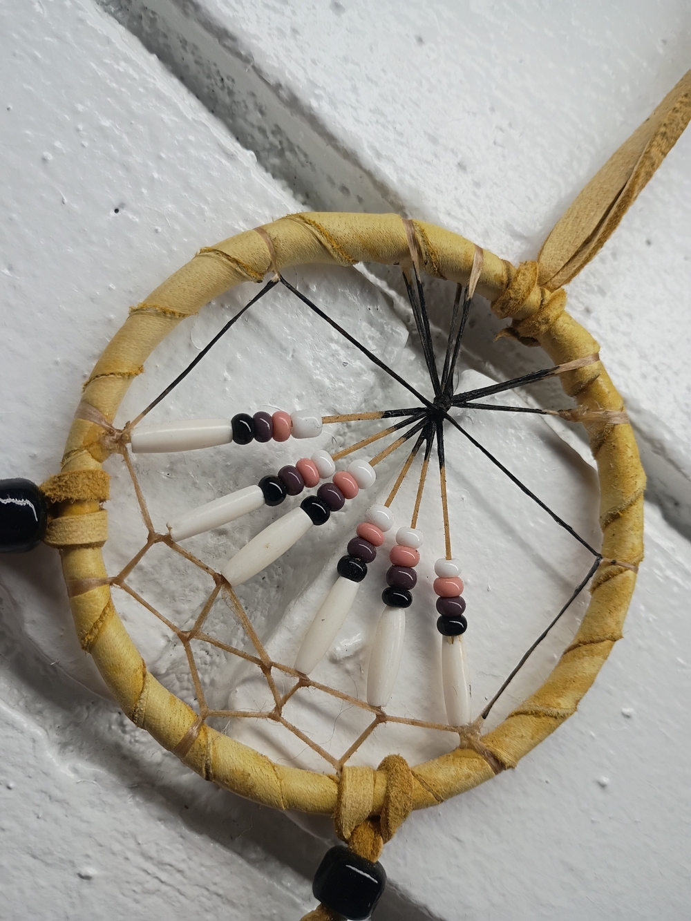 Handmade Yellow Kids Dreamcatcher with Pink & Black Beads Leather Cord